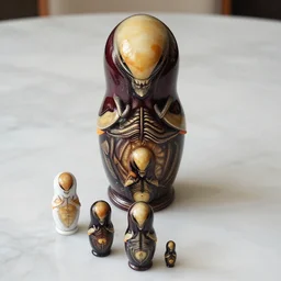 aligned xenomorph nesting dolls, on marble table. by h. r. giger. alien, top to bottom. photography color