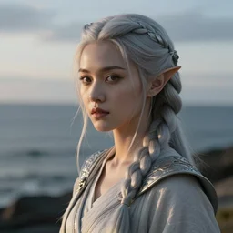 fantasy portrait, elf assassin, silver hair in braid, by the sea, cinematic, skandinavian style, face devona aoki