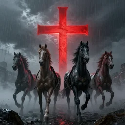 the four horsemn of the apocalypse, storm in the background digital art in the style of Hachmyta, rainy, foggy, red cross, high details, trending on artstation, epic