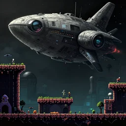 alien planet with big spaceship in the background gameplay still frame, pixel art, platformer, metroidvania, retro, splash screen, level design, high contrast, background, deep focus, highly detailed, dramatic lighting, digital painting, artstation, concept art, matte, greg rutkowski, moebius, illustration.
