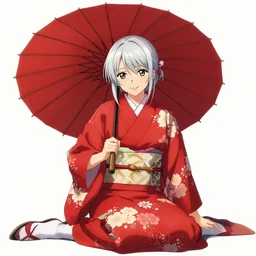 beautiful girl, silver hair, smile, red umbrella, red kimono with flower patterns, sitting, detailed, looking to camera, full body shot, ilustration by Takehiko Inoue ((and Krenz Cushart))