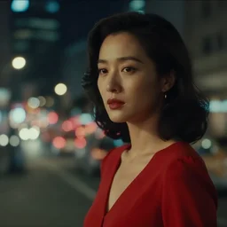 cinematic head and shoulder still of a woman in a red dress. city at night in the background. cinemascope. anamorphic footage, bokeh, 4 k.