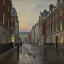 Victorian city street on a rainy day in London, evening, low angle view, detailed matte painting, cinematic, John Atkinson Grimshaw, Artstation