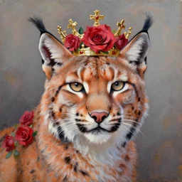 an expressive oil painting of a lynx waring a crown!! made out of roses, high quality art,