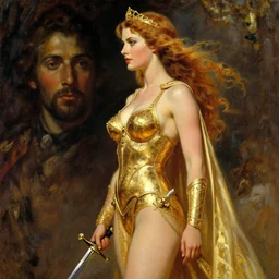 detailed movie poster, princess of mars bride seen from the side, mars, detailed gold bikini armor, sword, portrait, oil painting, by leyendecker,