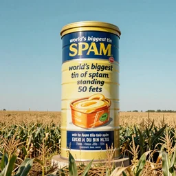 “world’s biggest tin of spam standing 50 feet tall in a corn field, vintage tourist picture, colorful nostalgic advertising”
