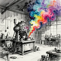 Hissing wisps of colorful smoke escape from the strange machine in the sprawling workshop. Black ink line drawing over a watercolor. Cosmic colors. 4K.
