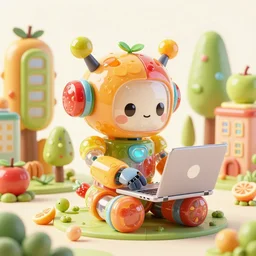 cute elaborate epic robot writing woring on laptop, candy colors, fruits parts, symmetrical, in a city made of fruits and buildings made of trees, octane render, 3 d model, translucent, clear parts, detailed by pokedstudio
