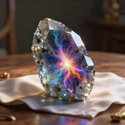 Large translucent obsidian shard containing colorful energetic storms sits on a satin cloth on the wooden table, lit by godlight, photorealistic, cinematic, depth of field, award winning, high resolution, intricate details. Rendered with autodesk arnold unreal engine octane render Lumion Blender Maxwell.
