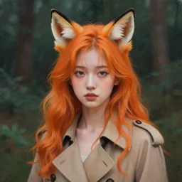 portrait painting by tatsuki fujimoto, girl with fox ears, long wavy orange hair, light brown trenchcoat, forest background, focus on face, pretty, moody lighting, painterly