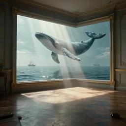 a beautifull empty room with mirror, whale and ship on the peaceful sea inside the mirror, 8 k, trending on artstation, volumetric light, lightrays, cinematic, atmospheric, octane render, insanely detailed and intricate, by james jean, ellen jewett, zdzislaw beksinski and peter mohrbacher, hyper realistic, super detailed, golden ratio, octane, redshift, unreal 5, behance, deviantart, vray, well rendered
