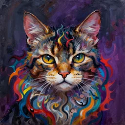 amazing detailed painting of a cat. disturbing, twisted, dark, evil. vibrant colors. cure, lovely, funny, beautiful, amazing. trending on artstation.