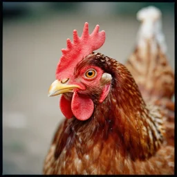 a stately lomographic close - up photograph of a chicken