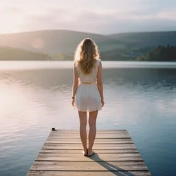 photograph of a beautiful!!! woman! from the back standing in a wooden pier in a lake by mark owen. scotland mood. pastel colors. kodak portra 4 0 0 film!!. whirl bokeh!. mamiya 7. highly detailed. hq. photoreal. golden hour. lens flare. faded film. in - frame
