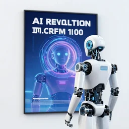 a robot looking at a poster for the ai revolution in 2 1 0 0, photograph