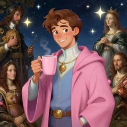 portrait of a ( ( ( grande y rosa una taza de cafe ) ) ), ( ( dotado futuristic guapo y joven mago espanol alegre ) ), lleno de estrellas y magia, concept character, by filip hodas and mucha and botticelli and bob ross and bierstadt and remington, trending on artstation