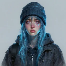 portrait of a crying ai artist, detailed clothing, beanie, concept art, artstation, detailed luminescent digital painting by alan lee and artgerm johanna martine giger!!, exquisite masterpiece