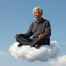 Pixiv Digital art Full Body Extreme Detailed Full and Isolated and singular portrait of Morgan Freeman sitting on a Cloud in the sky. His legs are crossed lotus position in the scene is full of clouds by Ilya Kuvshinov and Greg Rutkowski
