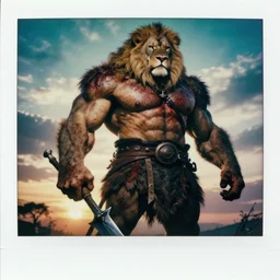 muscular oversized wild lion animal as barbarian hunter covered in blood with weapon and anthropomorphic human oversized mutant proportions and very hairy body , backlight  body , extreme very textured detailed panoramic portrait polaroid  by rembrandt, silhouette over sunset, dramatic clouds and cyan atmosphere