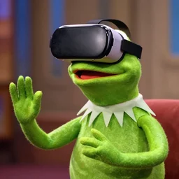 A photo of kermit the frog wearing VR, award winning photograph
