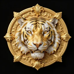 beautiful portrait of a large ornate and intricate rococo carved marble and gold tiger face, 3 d, photorealistic, symmetric, front facing, centered, hyper detailed, gold plated 3 d on black plain background, wallpaper, emblem, baroque medallion,