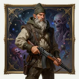 a gnome in escape from tarkov, dressed as a scavenger, carrying a mosin - nagant, cosmic horror painting, elegant intricate digital painting artstation concept art by mark brooks and brad kunkle extreme detail 4 k