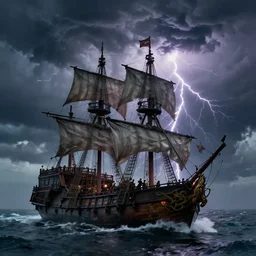 pirate ship at sea, big storm with lightnings and tornado, trending on artstation