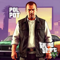 Pol Pot in Grand Theft Auto 5 cover art, epic, 4k resolution, extremely detailed, very sharp, artstation, digital art, vibrant,