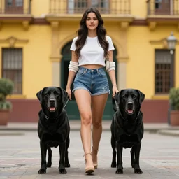 a close up, full body of beautiful Estefania Villegas Burgos walking next to her labrador black dog in Bogota, symmetrical, 8K, octane render, 8K,