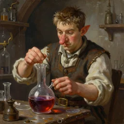 a beautiful portrait painting of a short haired big nosed young dnd alchemist fantasy dwarf mixing a potion in medieval lab, artstation, deviantart, art by keith parkinson and greg rutkowski and tim hildebrandt