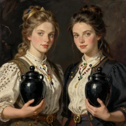 portrait of two beautiful gorgeous captivating finnish norwegian swedish glamour models with black jars, jodhpurs greg manchess painting by sargent and leyendecker, studio ghibli, close - up shot rim light asymmetrical illustration hearthstone, by greg rutkowski by greg tocchini by craig mullins