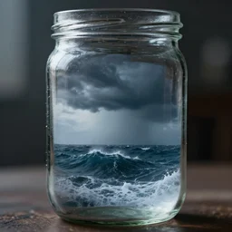 glass jar with a stormy ocean inside, bokeh, dramatic lighting, hyperrealistic, highly detailed