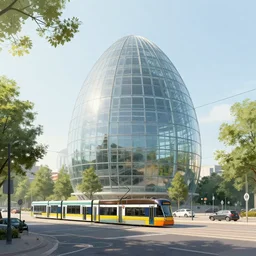 a glass domed sci - fi building in a pleasant urban setting with trams and trees and cars by a. j. casson