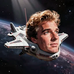 80s comic book sci-fi space ship in the shape of bee gees barry gibb's head, flying through outer space,