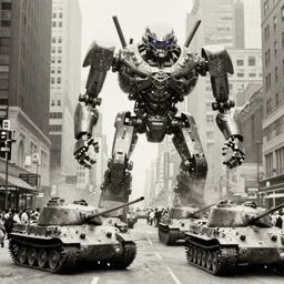 old black and white photo, 1 9 1 3, depicting a giant biomechanical alien monster kaiju robot fighting tanks through the bustling streets of new york city, historical record