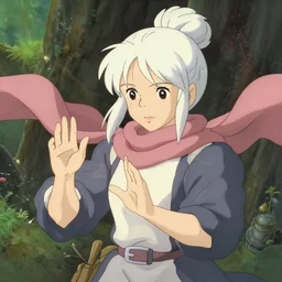 girl sorcerer with white hair in a hairbun, she is wearing a scarf. she is learning how to use her magic powers. cgsociety masterpiece, artstation trending, by rossdraws, ghibli, kimi no na wa, greg rutkowski, simon stalberg, greg manchess