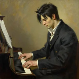 chris redfield playing piano, painting by j. c. leyendecker