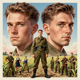 detailed - face!!! symmetrical!!!, looking at camera!!!, posing!! highly detailed german ww 2 poster of farmers in a crop field, posing, the alps are in the background, in gta v, stephen bliss, unreal engine, fantasy art by greg rutkowski, loish, rhads, ferdinand knab, makoto shinkai