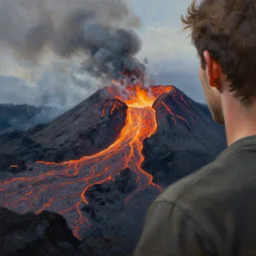 close up of a man on the brink of a volcano with flowing lava. painting by john howe