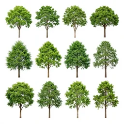 full color page scan reference sheet of various trees on white background, matte painting,