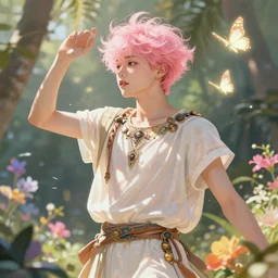 androgynous cute pink haired yoongi wearing greek clothes, muted colors, colorful flowers, tropical, sunlight filtering through skin, dynamic hair movement, dynamic pose, glowing butterflies, j. c leyendecker, by alan lee, wlop! illustrated by starember, fantasy art by craig mullins cfg _ scale 8