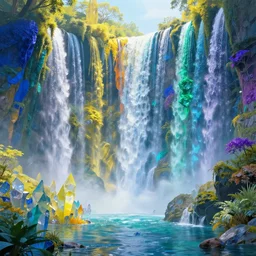 ethereal enchanted fantasy landscape, crystal waterfalls, cobalt yellow, chrome yellow, strontium yellow, cadmium orange, emerald, celadon, alizarin green, malachite green, cobalt blue, teal, tyrian purple, lapis lazuli, australien, guweiz, 8 k, unreal engine 5