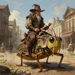 A very highly detailed wild west magical sorcerer wizard with a very highly detailed face with spellbooks and potions riding on a very higly detailed large grasshopper!! with grasshopper legs on the street of a wild west town digital rational painting art by Greg Rutkowski, magic fantasy highly detailed, digital concept art, sharp focus, realistic concept art by Stephen Hickman and James Gurney and Hiromasa Ogura Ghost in the Shell rendered in Octane Render, From a distance