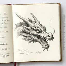 The head of a dragon, field journal, sketch, marginalia, notes, measurements
