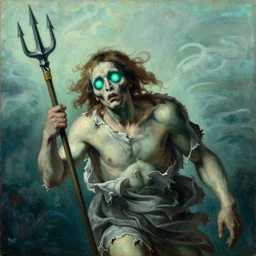 painting by caravaggio of a drowned zombie holding a trident with glowing cyan eyes, wearing ragged clothing, holding a trident, underwater, pastel green and blue color palette