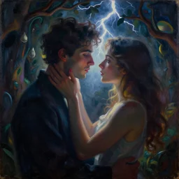 the strange mistical scene of love. 35mm double-exposure photo mixed with expressionistic oil painting,  german expressionism, deep shadows, depth of field, cinematic lightning,    motion blur, HD, masterpiece, volumetric lightning, chromatic aberration Richard Avedon, style of Ade Santora, balanced composition, masterpiece, intricate detailed, deep rich palette, wide angel shot, balanced colors