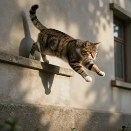 a cat leaping across a building