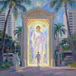 a holy glowing divine portal opening in dreamy kalakaua avenue in waikiki, a gateway to claude monet realm, majestic, by, peter mohrbacher, ilya kuvshinov, james jean, vincent di fate