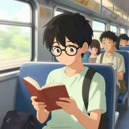 cell shaded, anime cute teenager with glasses reading a book in a train, wlop, ilya kuvshinov, artgerm, krenz cushart, greg rutkowski, hiroaki samura, range murata, james jean, katsuhiro otomo, erik jones