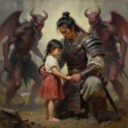 painting of, a warrior dad protecting his little daughter, from the demons of life, highly detailed